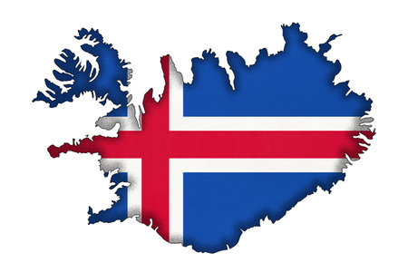 Iceland border silhouette with national flag isolated on white background with copy space. Contour of world european country on geography map. Icelandic official sign, cartography.の写真素材