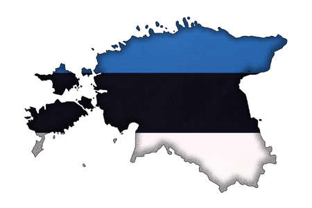 Estonia border silhouette with national flag isolated on white background with copy space. Contour of world european country on geography map. Estonian official sign, cartography.の写真素材