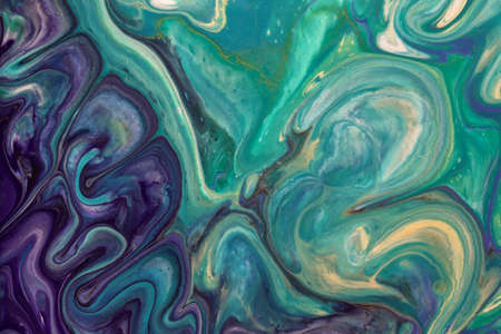 Abstract fluid art background dark purple and green colors. Liquid acrylic painting on canvas with...