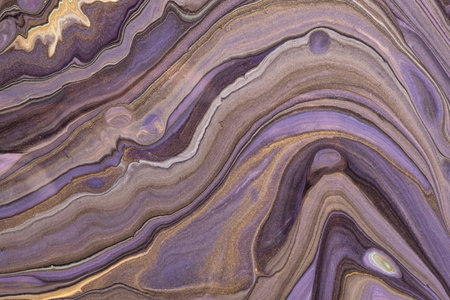 Abstract fluid art background dark purple and golden colors. Liquid marble. Acrylic painting on...