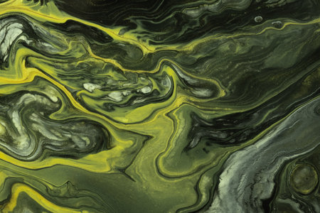 Abstract fluid art background dark green and black colors. Liquid marble. Acrylic painting on canvas with olive gradient and splash. Alcohol ink backdrop with wavy pattern. Stone section.の写真素材