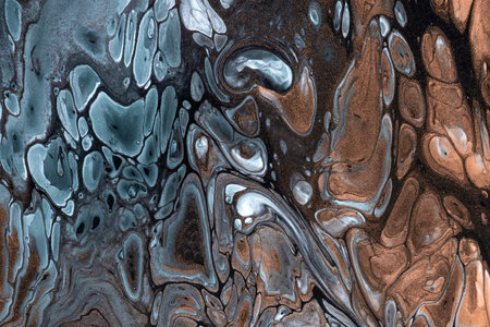 Abstract fluid art background blue and bronze colors. Liquid marble. Acrylic painting on canvas with...