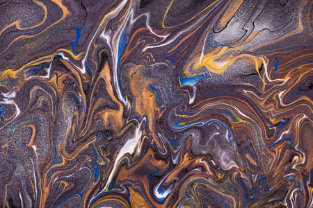 Abstract fluid art background dark purple and orange colors. Liquid marble. Acrylic painting on canvas with golden lines and gradient. Alcohol ink backdrop with blue wavy pattern.の写真素材