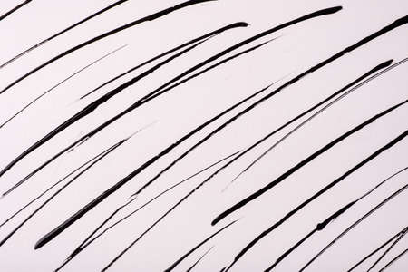 Thin black lines and splashes drawn on white background. Abstract art backdrop with brush decorative stroke. Acrylic painting with graphic stripe.の写真素材
