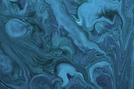 Abstract fluid art background navy blue and turquoise colors. Liquid marble. Acrylic painting on...