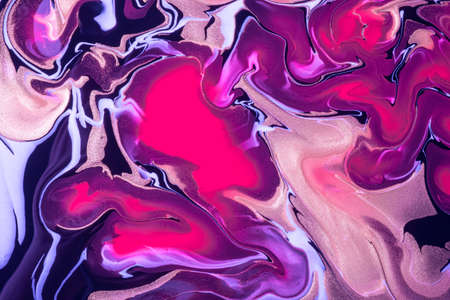 Abstract fluid art background purple and black colors. Liquid marble. Acrylic painting on canvas with violet lines and gradient. Alcohol ink backdrop with wavy pattern.の写真素材