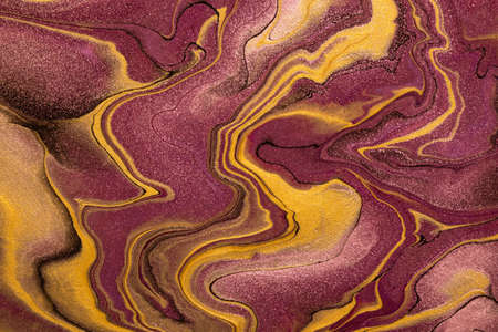 Abstract fluid art background dark purple and wine colors. Liquid marble. Acrylic painting on canvas with golden lines and gradient. Alcohol ink backdrop with maroon wavy pattern.の写真素材