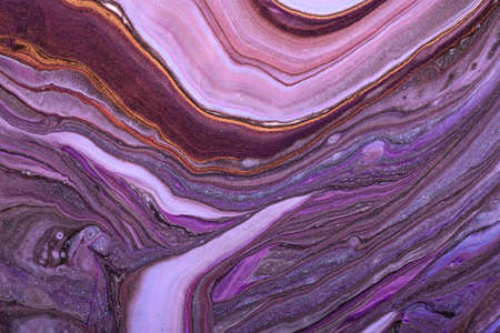 Abstract fluid art background dark purple and brown colors. Liquid marble. Acrylic painting with violet gradient and splash. Watercolor backdrop with wavy pattern. Stone marbled section.の写真素材