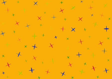 Art abstract dark yellow background with red, blue and green stars and cross x pattern. Multicolored...