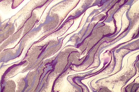Abstract fluid art background light purple and beige colors. liquid marble. Acrylic painting on canvas with lilac shiny lines and gradient. Alcohol ink backdrop with waves pattern.の写真素材