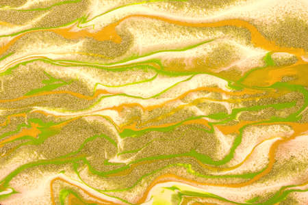 Abstract fluid art background green and yellow colors. liquid marble. Acrylic painting on canvas...