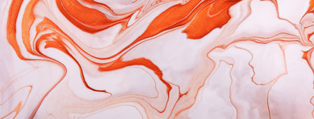 Abstract fluid art background bright orange and white colors. liquid marble. Acrylic painting on canvas with red gradient and splash. Watercolor backdrop with wavy pattern. Stone section.の写真素材