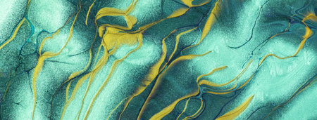 Abstract fluid art background cyan and golden colors. Liquid marble. Acrylic painting on canvas with...