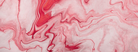 Abstract fluid art background red and white colors. Liquid marble. Acrylic painting with pink...