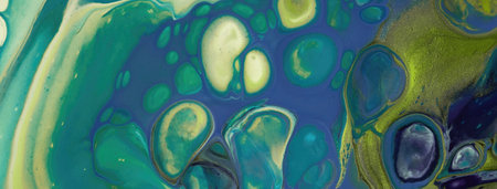 Abstract fluid art background blue and green colors. Liquid acrylic painting on canvas with cyan and...