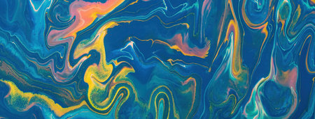 Abstract fluid art background navy blue and yellow colors. Liquid marble. Acrylic painting on canvas...