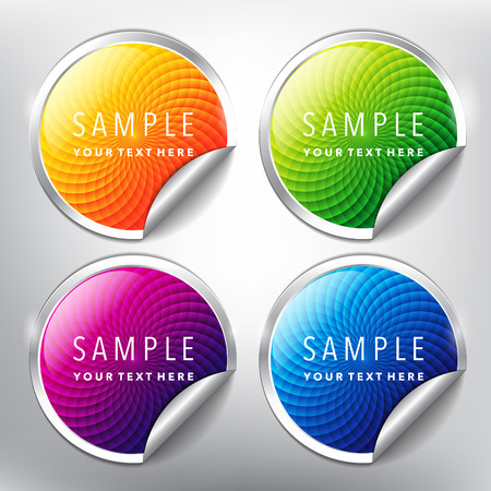 Silver sale stickers with circular design set of 4. Set of 4 color modernly designed sale stickers with circular ornament and curled corner on the white background. Each item contains space for own text. Vector illustration. Eps10.のイラスト素材