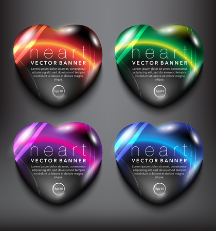 Abstract vector banner set of 4. Pebble stones in shape of heart. Colorful with realistic light and shadow on the black panel. Vector illustration. Each item contains space for own text. Eps10.のイラスト素材