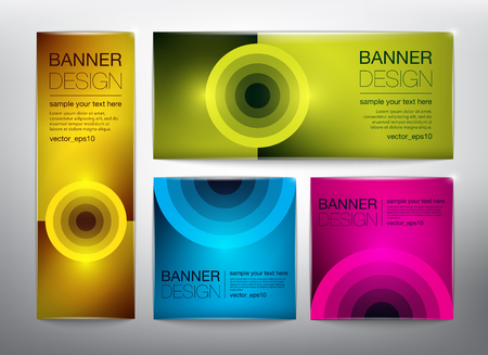 Collection of web banners in 4 different colors and geometric, circular design. Isolated on the light background. Each item contains space for own text. Vector illustration.のイラスト素材