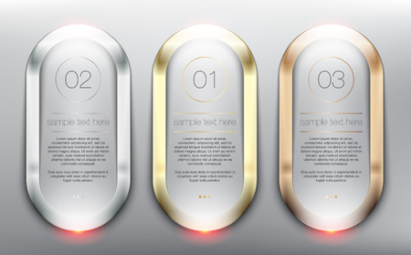 Vector glass web banners set of 3. Glossy circle banners with gold, silver and bronze frames. Isolated on the light panel. Each item contains space for own text vector illustration.のイラスト素材