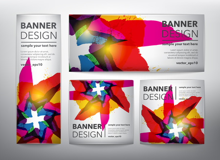 Collection of 4 web banners in colorful, hand drawn floral design. Isolated on the light panel. Each item contains space for own text. Vector illustration. Eps10.のイラスト素材