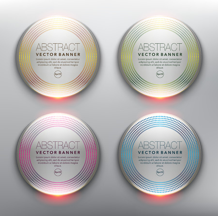 Vector glass web banners set of 4. Round glossy banners with circular design. Isolated on the light panel. Each item contains space for own text. Vector illustration. Eps10.のイラスト素材