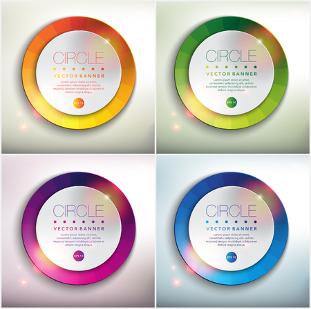 Abstract vector banner set of 4. Paper round notes with colorful design. Isolated with realistic shine and shadow on the white panel. Each item contains space for own text. Vector illustration.のイラスト素材