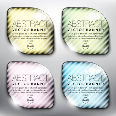 Abstract vector banner set of 4. Round glass stones with yellow, green, blue and violet design on the white background. Each item contains space for own text. Vector illustration. Eps10.のイラスト素材