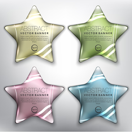 Abstract vector banner set of 4. Pebble stones in shape of stars. Colorful with realistic light and shadow on the white panel. Vector illustration. Each item contains space for own text.のイラスト素材