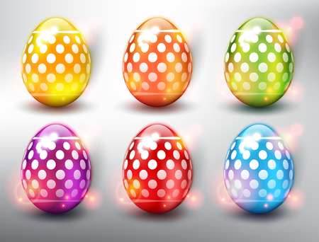 Set of 6 color Easter Eggs. Design elements for holiday cards. Easter collection. Colorful, glossy and isolated with realistic light and shadow on the light panel.のイラスト素材