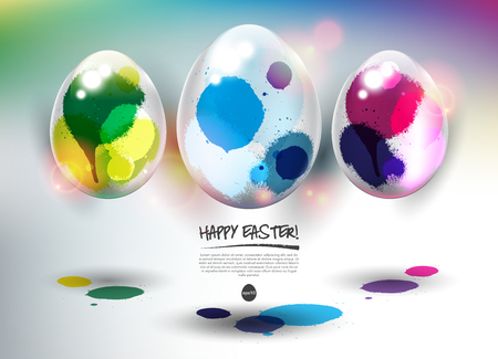 Happy Easter greeting card. Design elements for holiday cards. White Easter eggs with colorful watercolor design and realistic shine and shadow on the light background. Vector illustration.のイラスト素材