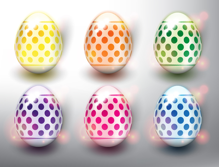 Set of 6 color Easter Eggs. Design elements for holiday cards. Easter collection. Colorful, glossy and isolated with realistic light and shadow on the light panel. Vector illustration. Eps10.のイラスト素材