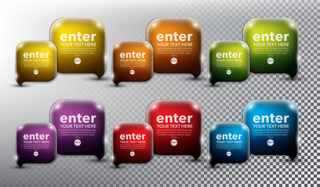 Abstract square speech bubbles set of 6. Bubble balloons quote. Each item contains space for own text. Isolated with transparent shine and shadow on the light background.のイラスト素材