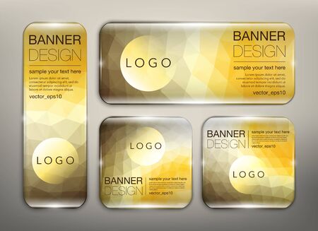 Collection of web banners set of 4. Glass web banners with golden low poly design. Isolated on the light background. Each item contains space for own text and logo. Vector illustration.のイラスト素材