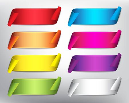 Set of 8 blank ribbon banners in bright colors. Colorful vector web ribbons. Isolated with realistic, transparent shine and shadow on the light background. Vector illustration.のイラスト素材