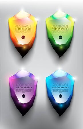 Abstract vector colorful gemstones set of 4. Polygonal crystals in 4 different colors. Isolated with realistic, transparent shine and shadow on the light background. Vector illustration. Eps10.のイラスト素材