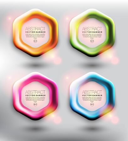 Abstract vector web banner set of 4. Hexagonal banners in 4 different colors.  Isolated on the light background. Each item contains space for own text. Vector illustration..のイラスト素材