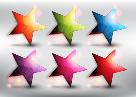 Abstract vector web buttons set of 6. Low poly stars in 6 different colors. Star icons. Isolated with realistic transparent glass shine and shadow on the light background. Vector illustration..のイラスト素材