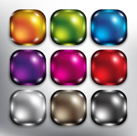 Abstract vector web buttons set of 9. Square web buttons. Isolated with realistic, transparent glass shine and shadow on the light background. Vector illustration. Eps10.のイラスト素材