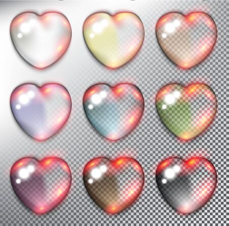 Abstract vector web buttons set of 9. Glossy hearts. Isolated and transparent with glass shine and shadow on the light background. Vector illustration. Eps10.のイラスト素材