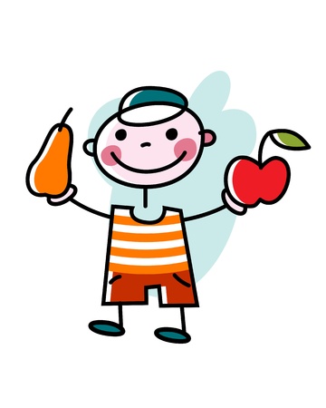 Ein lÃ¤chelnder Junge bietet einen Apfel und eine Birne an.のイラスト素材