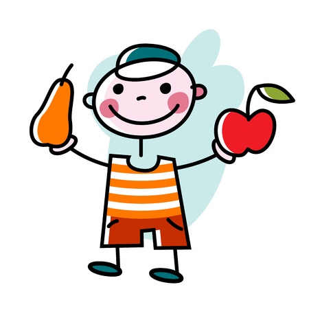 smiling boy offers apple and pearのイラスト素材