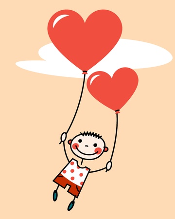Smiling boy with heart shaped balloonsのイラスト素材