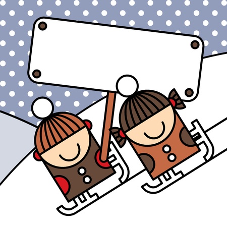 Ice skating kids with billboard のイラスト素材