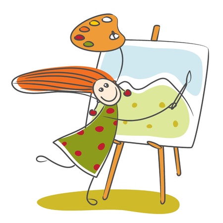 Happy little girl drawing mountainのイラスト素材