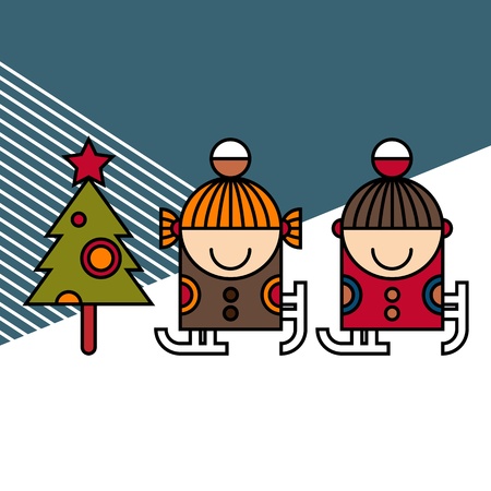 Ice skating kids and Christmas treeのイラスト素材