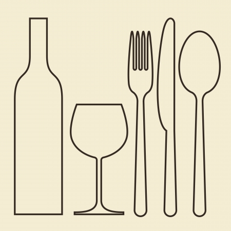 Bottle, wineglass, fork, knife and spoonのイラスト素材