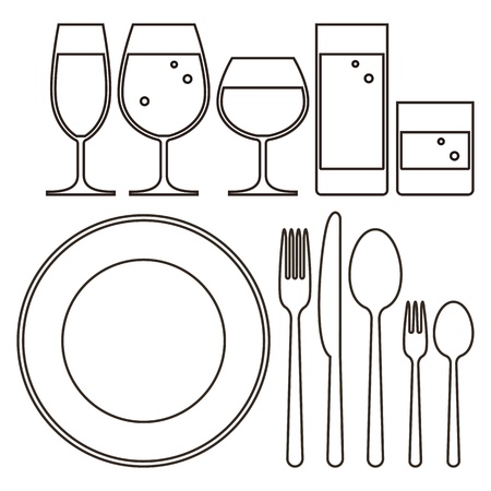 Plate, knife, fork, spoon and drinking glassesのイラスト素材