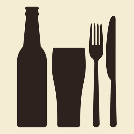Bottle, glass of beer and cutlery on light backgroundのイラスト素材