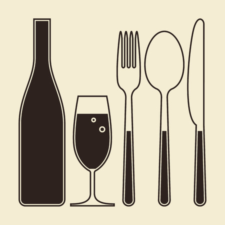 Bottle, glass of champagne, fork, knife and spoon on light backgroundのイラスト素材